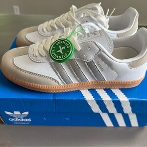 Adidas Samba Women's White and Tan with Silver Stripe Athletic Shoes